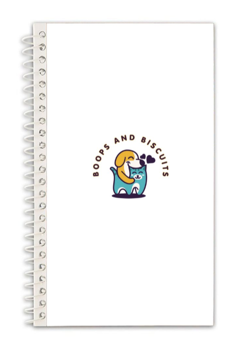 This cute spiral notebook is a convenient carrying size to take on the go while you brainstorm ideas to pamper your fur baby. 

Paper cover
Dimensions
2.95" W x 4.95" H x 0.15" L 
Includes 50 lined sheets of white paper
